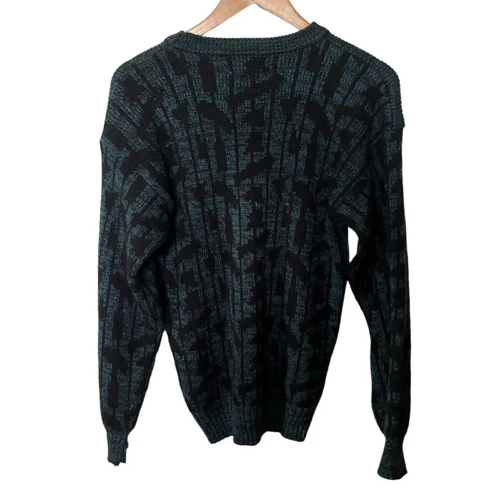 VTG Campus 80s 90s Sweater Pullover Mens Blue Black Acrylic Leather Abstract S